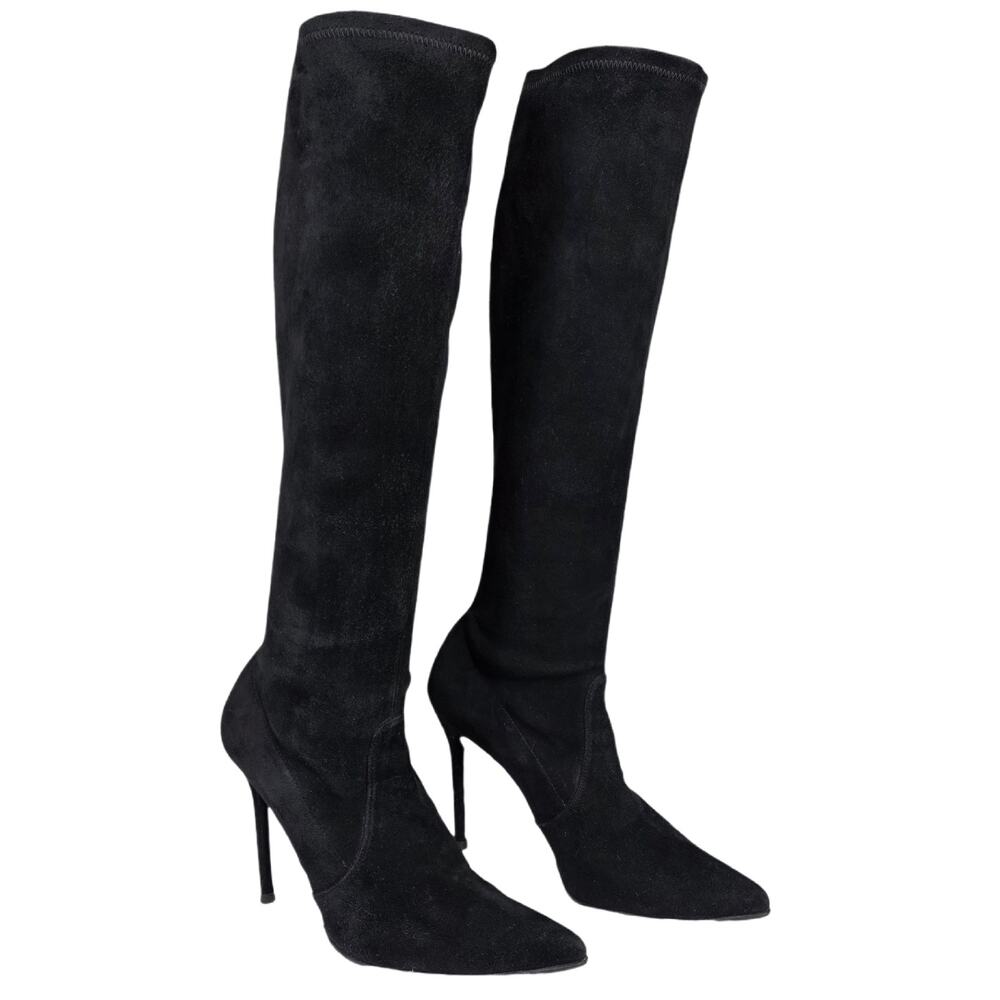 STUART WEITZMAN BLACK STRETCH SUEDE KNEE HIGH POINTED TOE STILETTO BOOTS 8 M